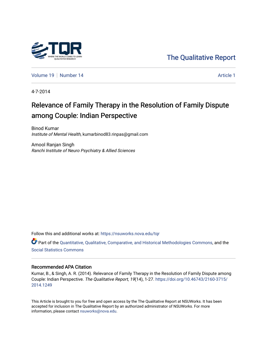 Pdf Relevance Of Family Therapy In The Resolution Of Family Dispute Among Couple Indian Perspective