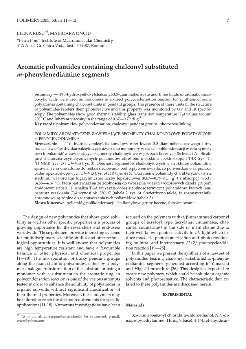 PDF Aromatic polyamides containing chalconyl substituted m