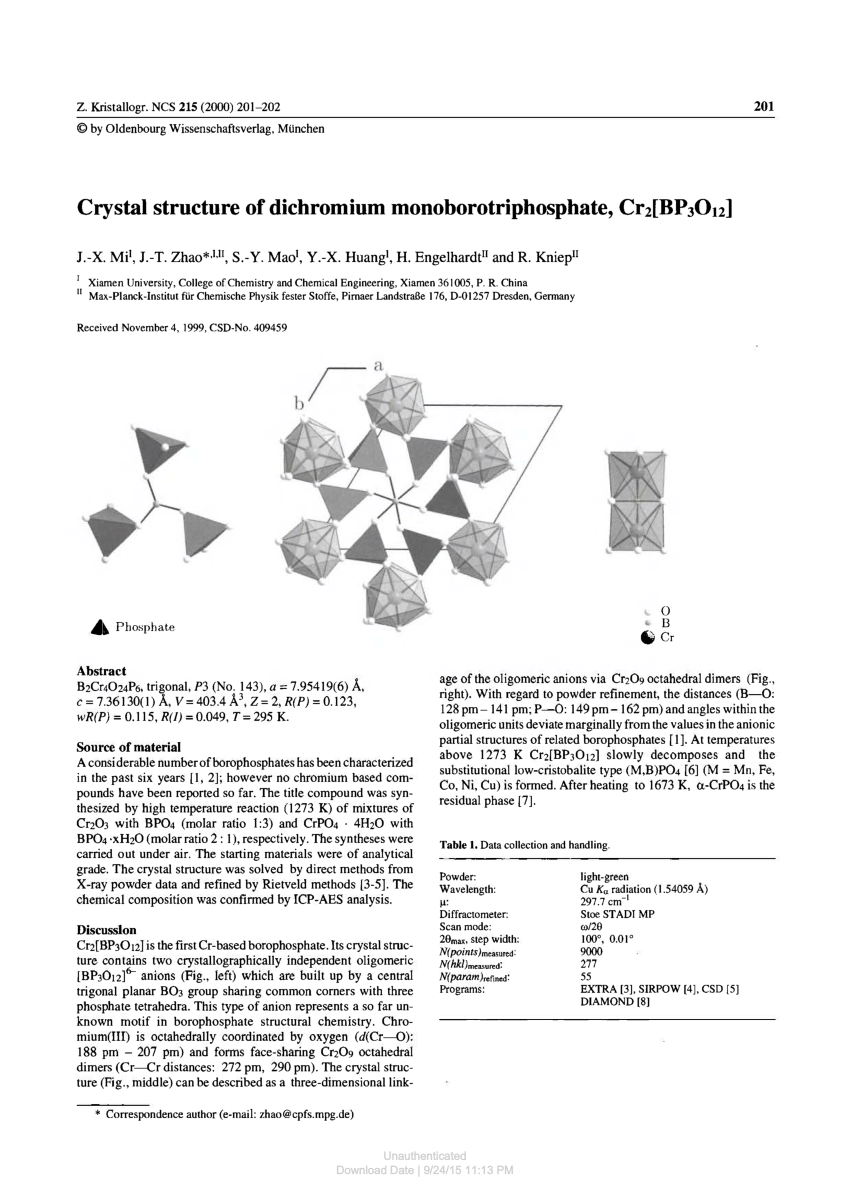 Pdf Crystal Structure Of Dichromium Monoborotriphosphate Cr2 Bp3o12