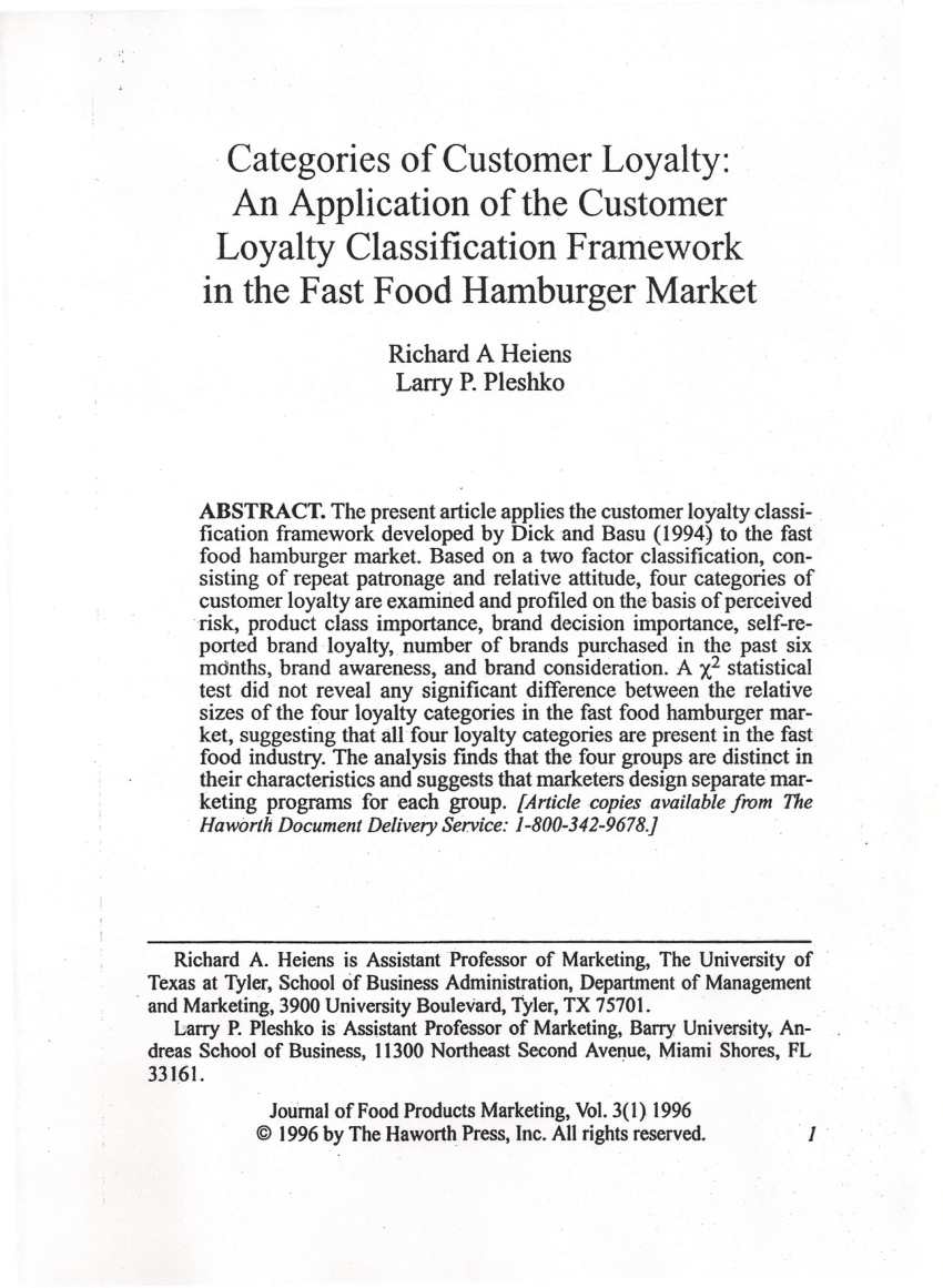 Pdf Categories Of Customer Loyalty An Application Of The Customer Loyalty Classification Framework In The Fast Food Hamburger Market