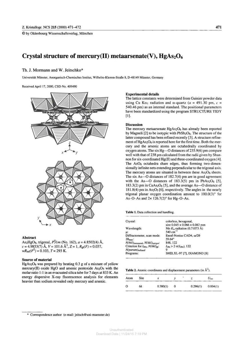Pdf Crystal Structure Of Mercury Ii Metaarsenate V Hgas2o6