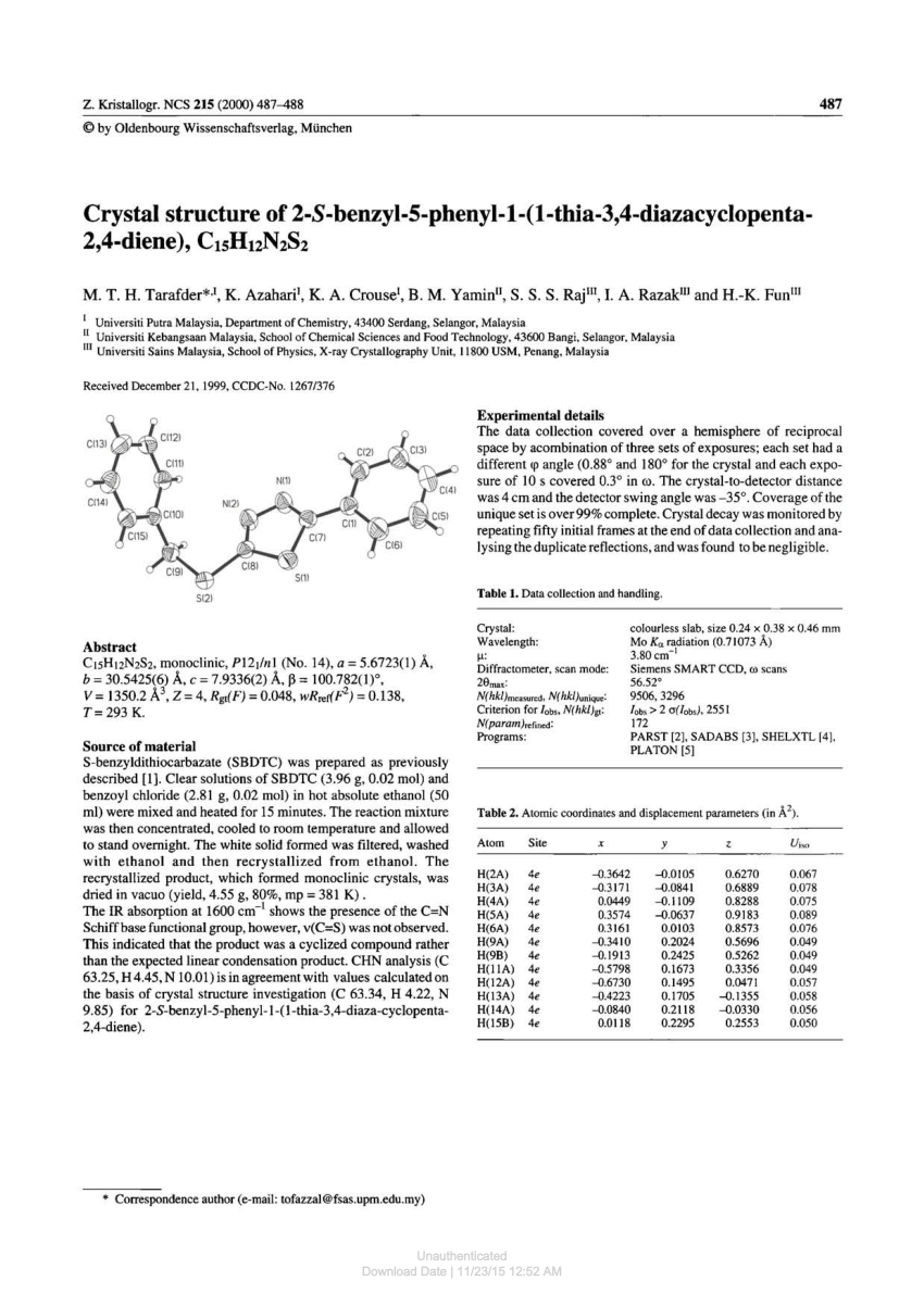 Pdf Crystal Structure Of 2 S Benzyl 5 Phenyl 1 1 Thia 3 4 Diazacyclopenta 2 4 Diene C15h12n2s2