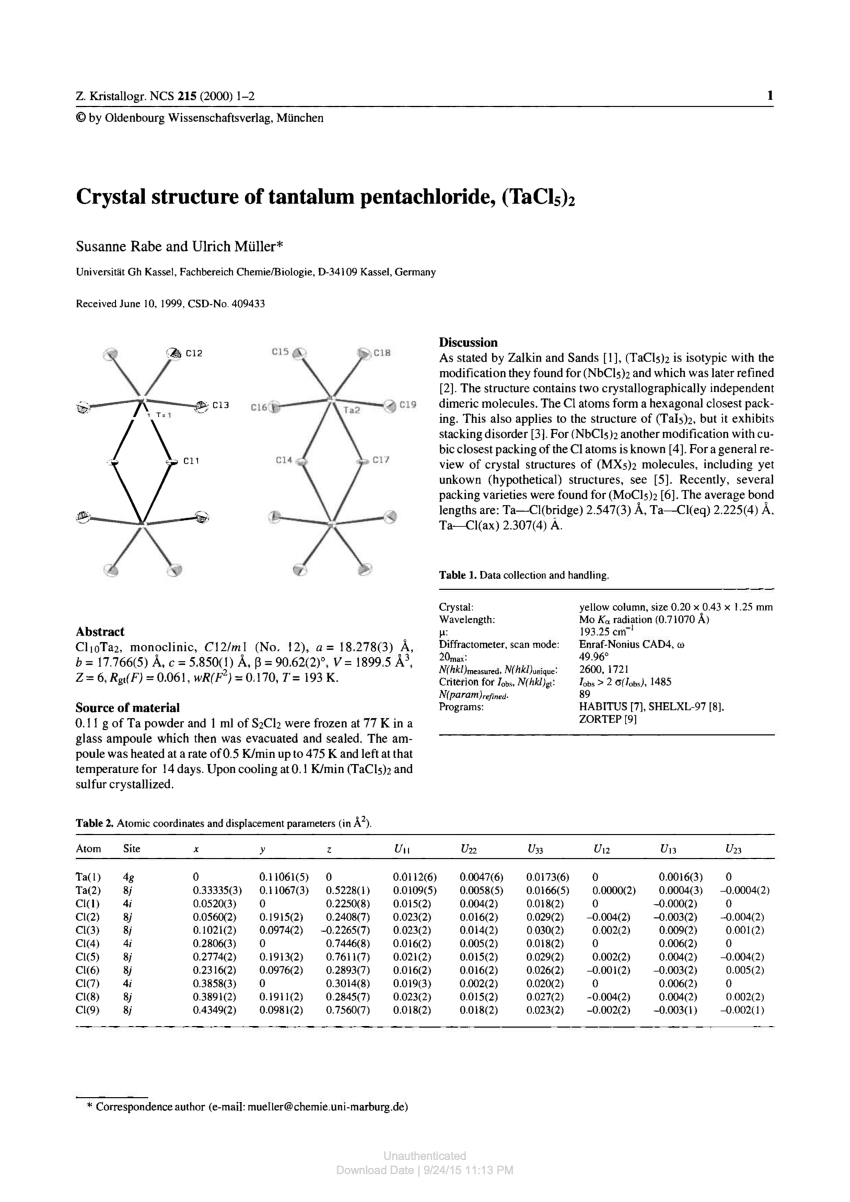 Pdf Crystal Structure Of Tantalum Pentachloride Tacl5 2