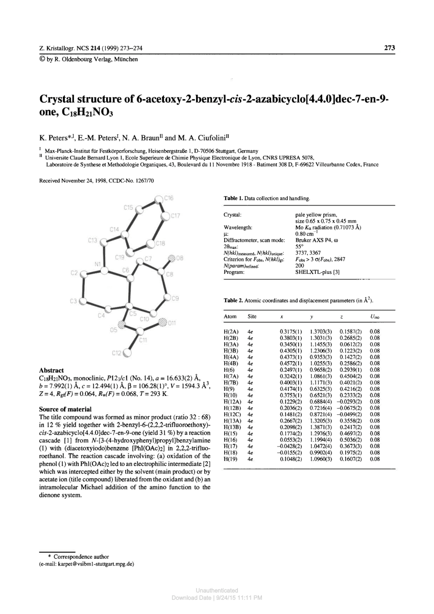 Pdf Crystal Structure Of 6 Acetoxy 2 Benzyl Cis 2 Azabicyclo 4 4 0 Dec 7 En 9 One C18h21no3