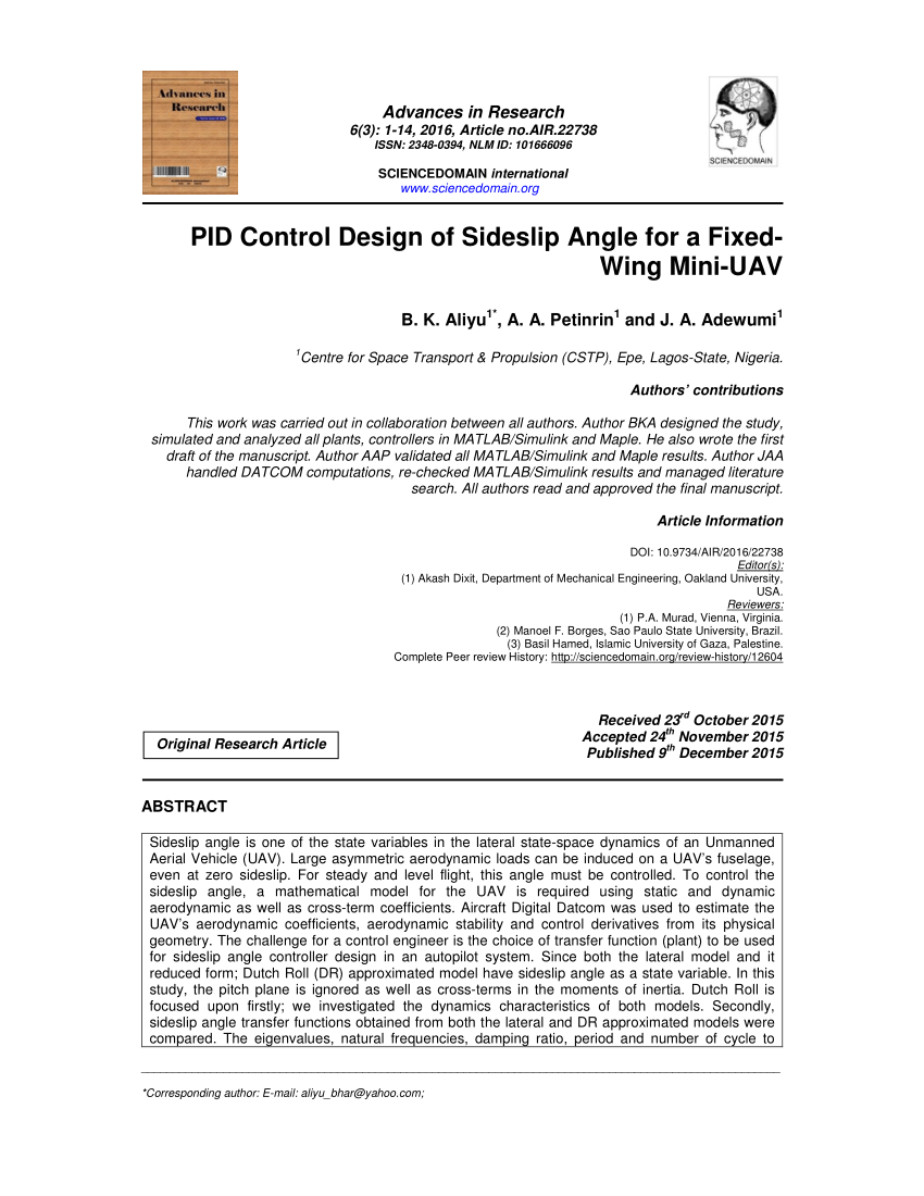 PDF) PID Control Design of Sideslip Angle for a Fixed- Wing Mini-UAV