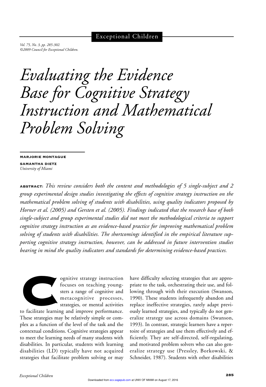 Pdf Evaluating The Evidence Base For Cognitive Strategy Instruction And Mathematical Problem Solving Paraphrasing Multi Step 