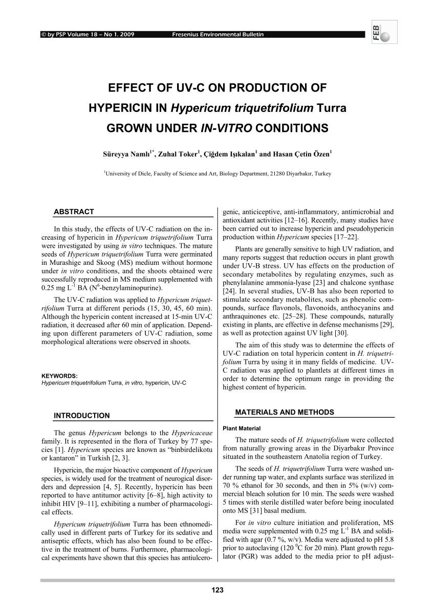 Pdf Effect Of Uv C On Production Of Hypericin In Hypericum Triquetrifolium Turra Grown Under In Vitro Conditions
