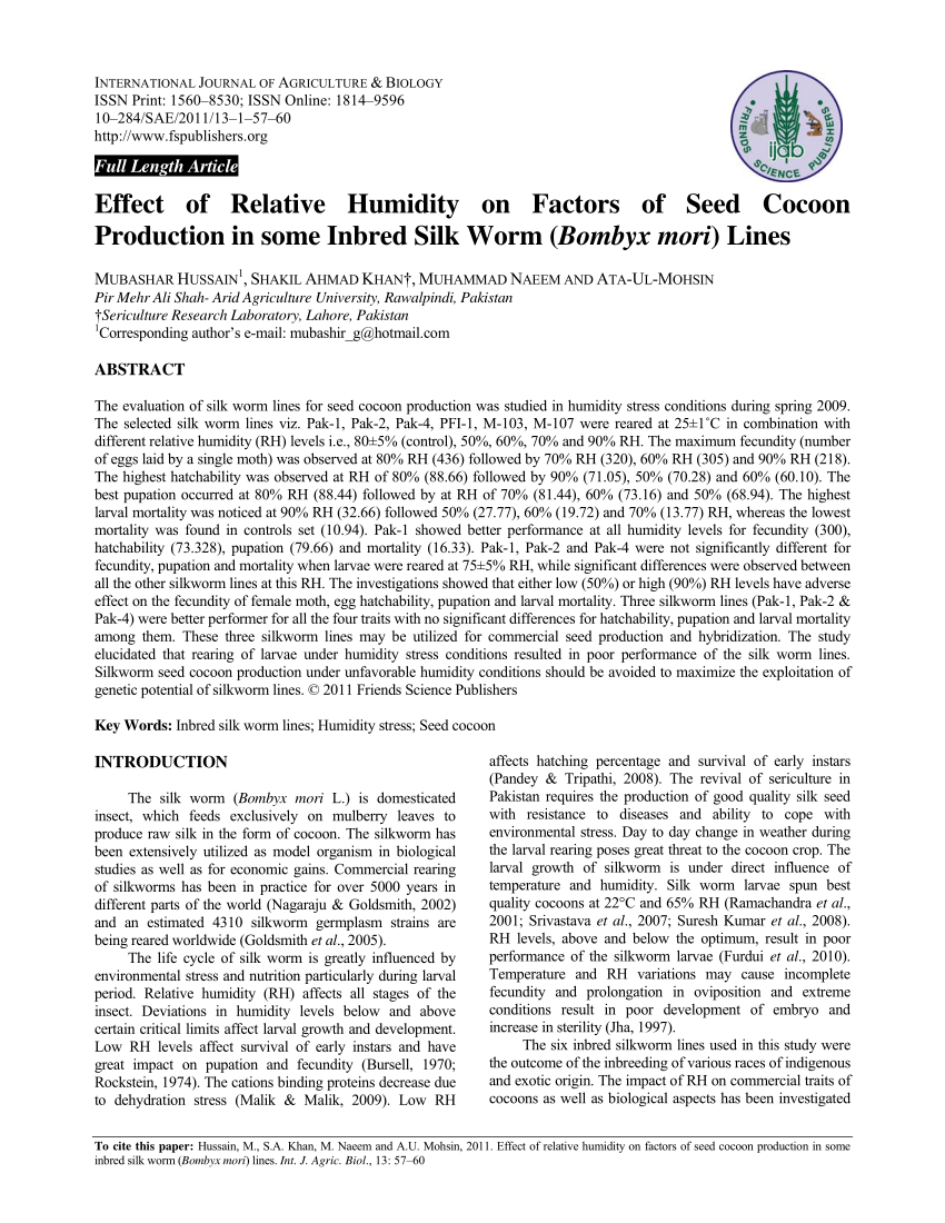 Pdf Effect Of Relative Humidity On Factors Of Seed Cocoon Production In Some Inbred Silk Worm Bombyx Mori Lines