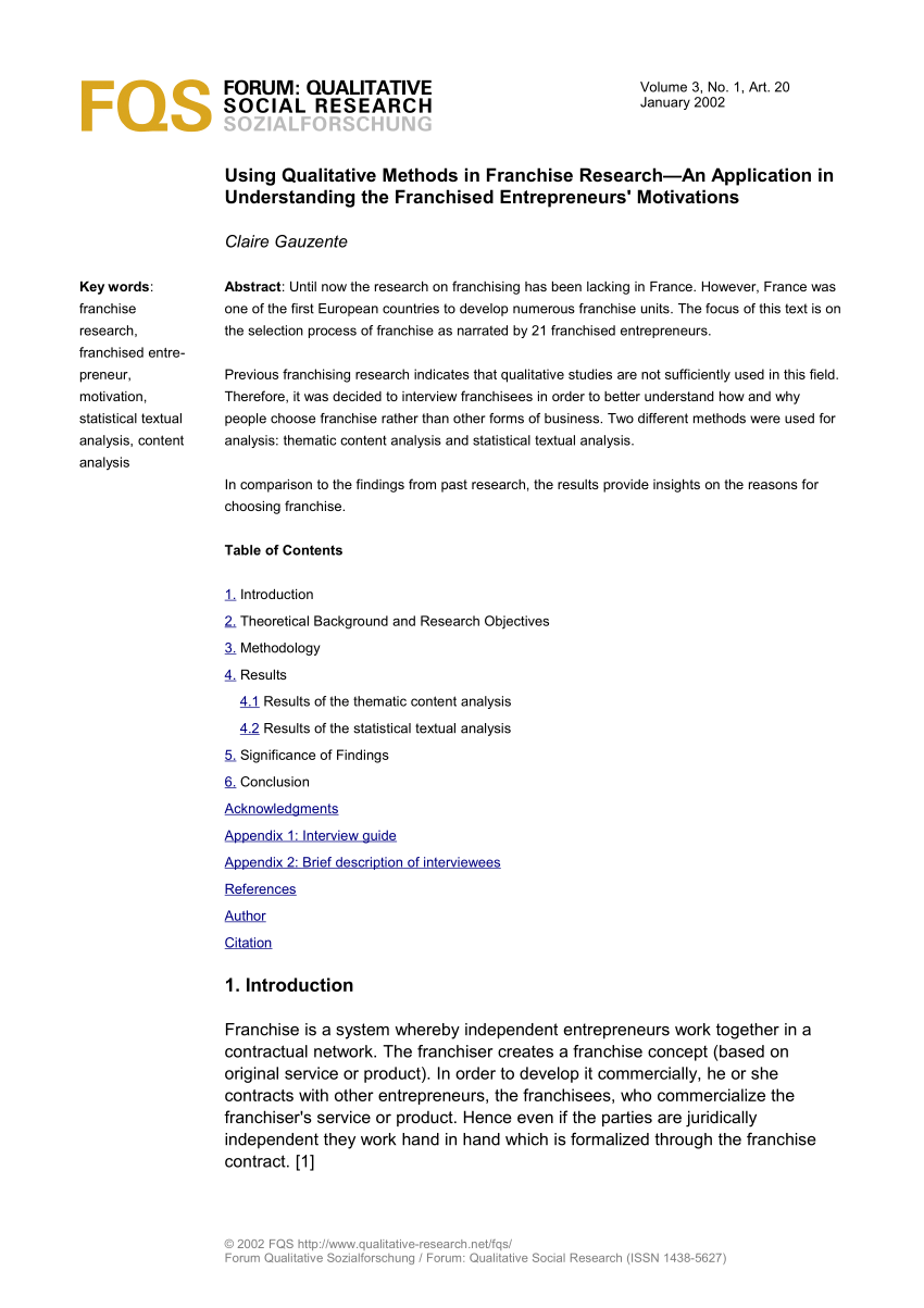Pdf Using Qualitative Methods In Franchise Research An Application In Understanding The Franchised Entrepreneurs Motivations