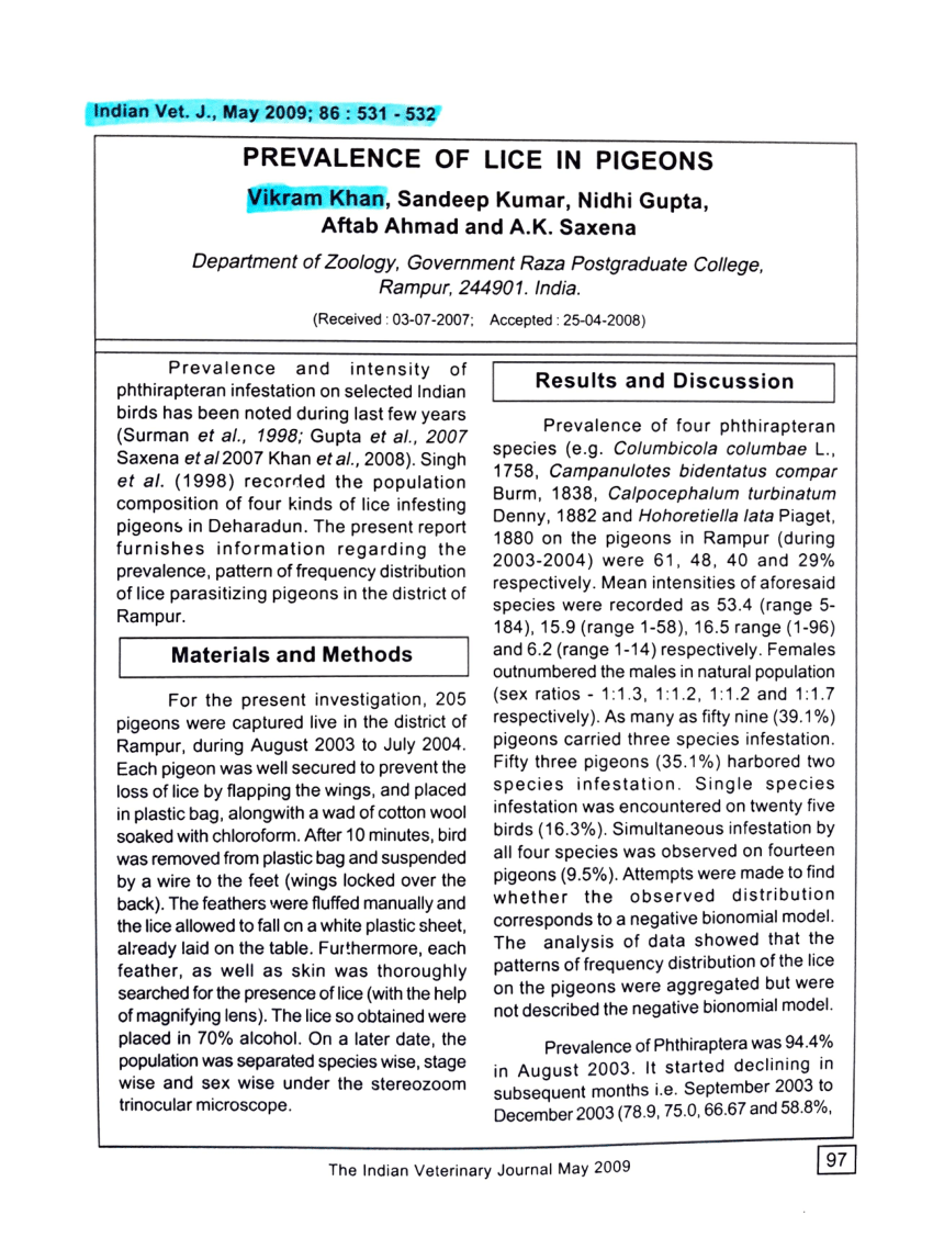 PDF Prevalence of lice in pigeons