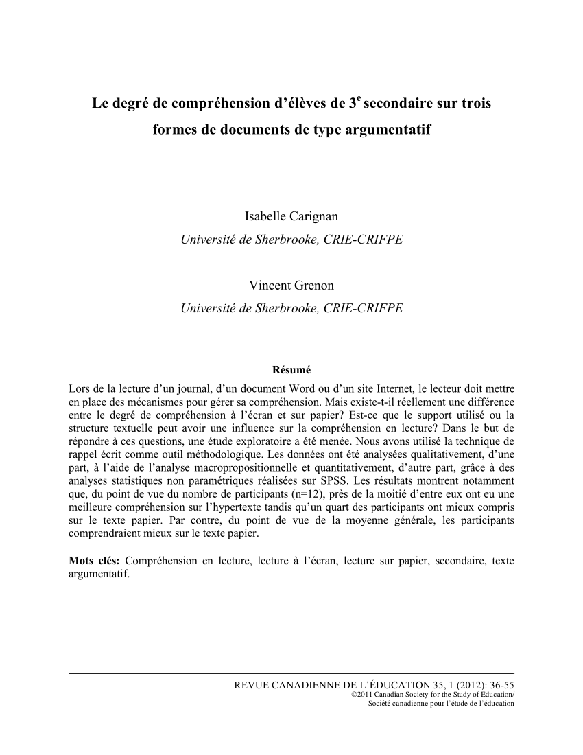 Pdf Le Degre De Comprehension D Eleves De 3 E Secondaire Sur Trois Formes De Documents De Type Argumentatif