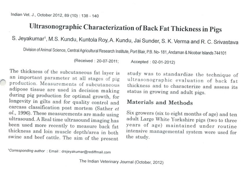 PDF Ultrasonographic characterization of back fat thickness in pigs 