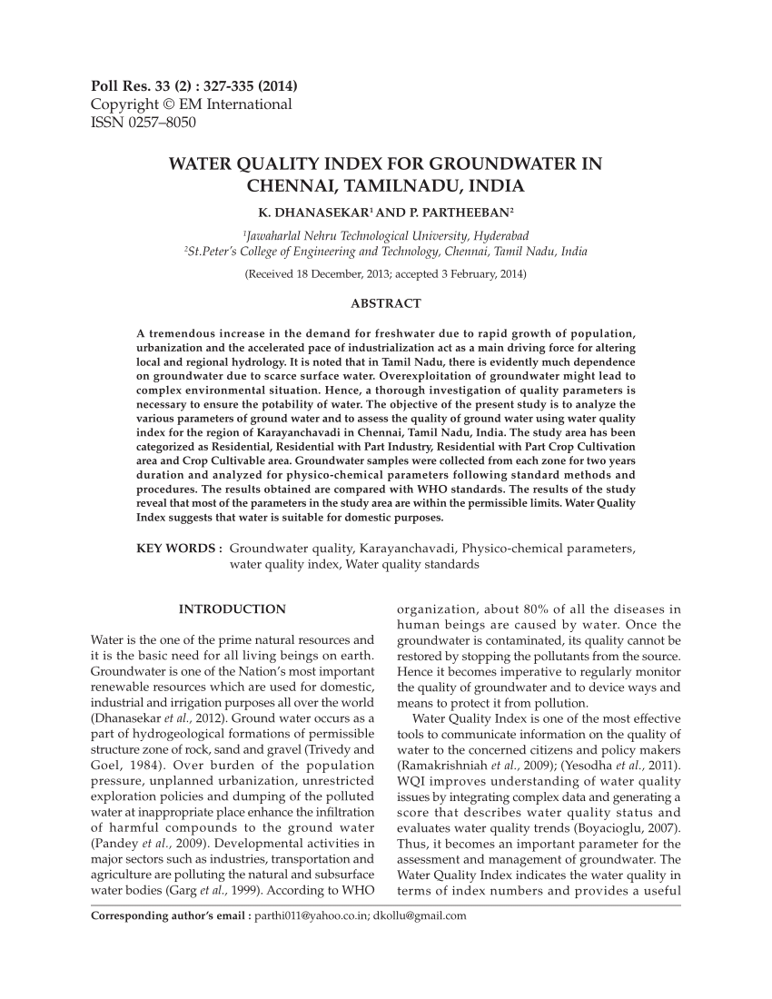 water quality index research paper in india