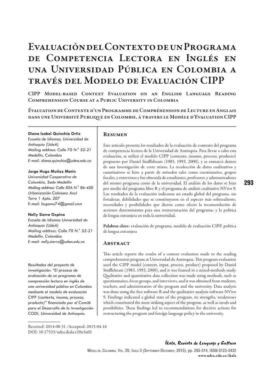 PDF) Evaluación del Contexto de un Programa de Competencia Lectora en  Inglés en una Universidad Pública en Colombia a través del Modelo de  Evaluación CIPP