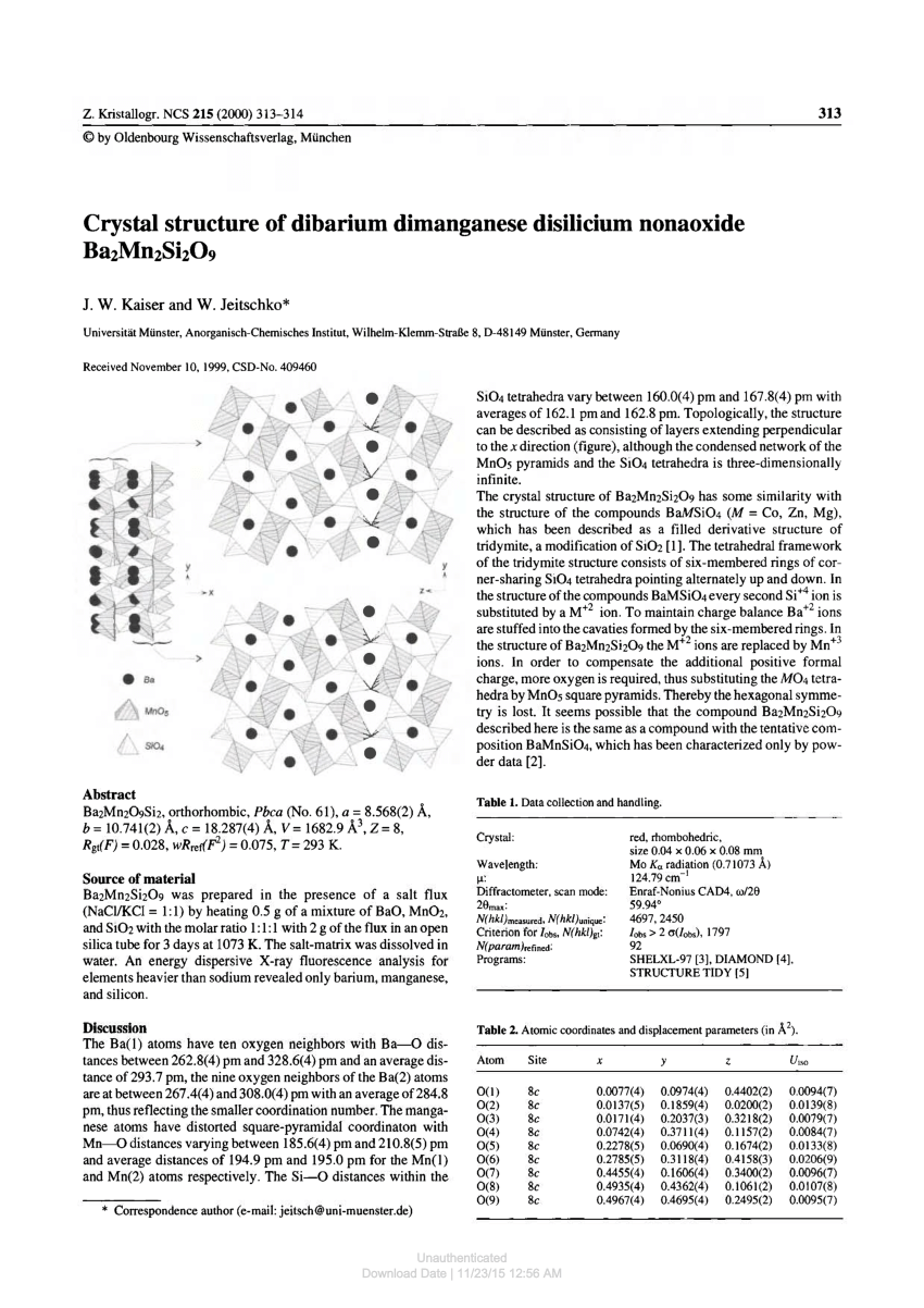 Pdf Crystal Structure Of Dibarium Dimanganese Disilicium Nonaoxide Ba2mn2si2o9