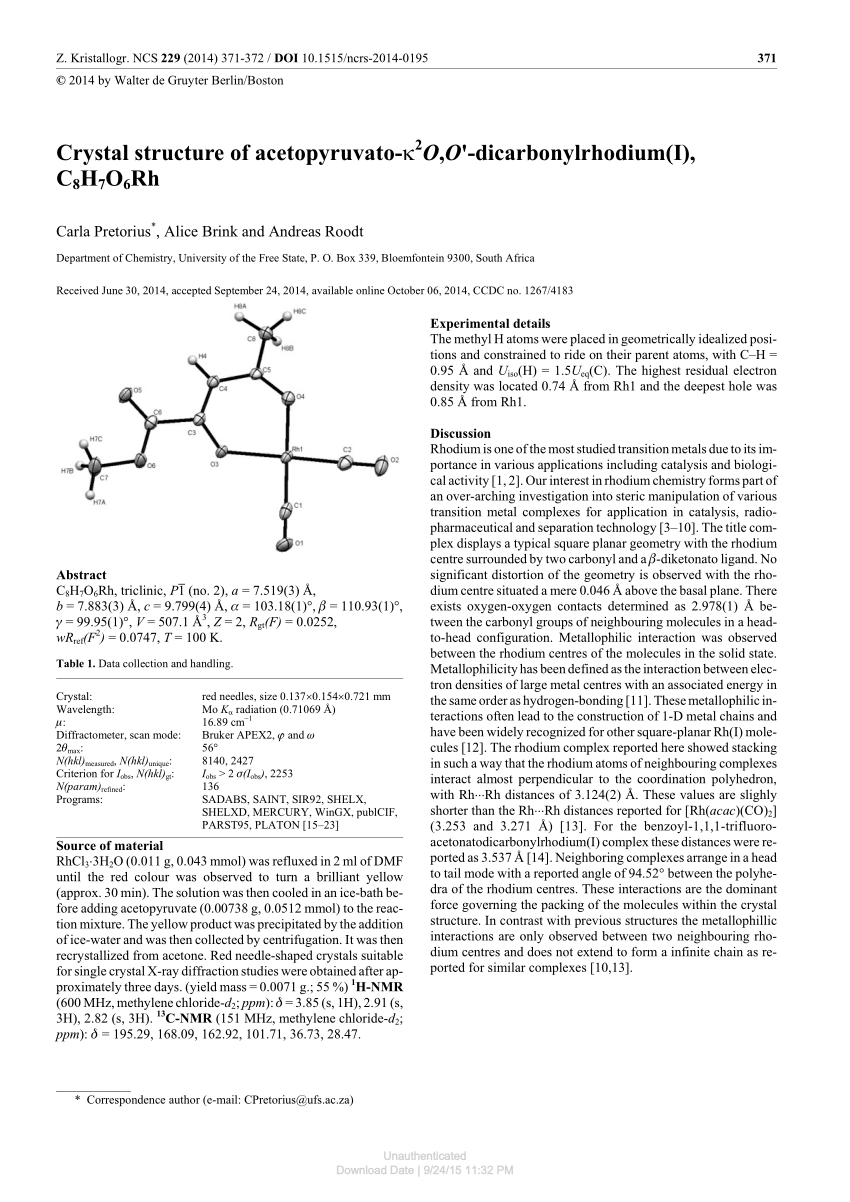 Pdf Crystal Structure Of Acetopyruvato K2o O Dicarbonylrhodium I C8h7o6rh