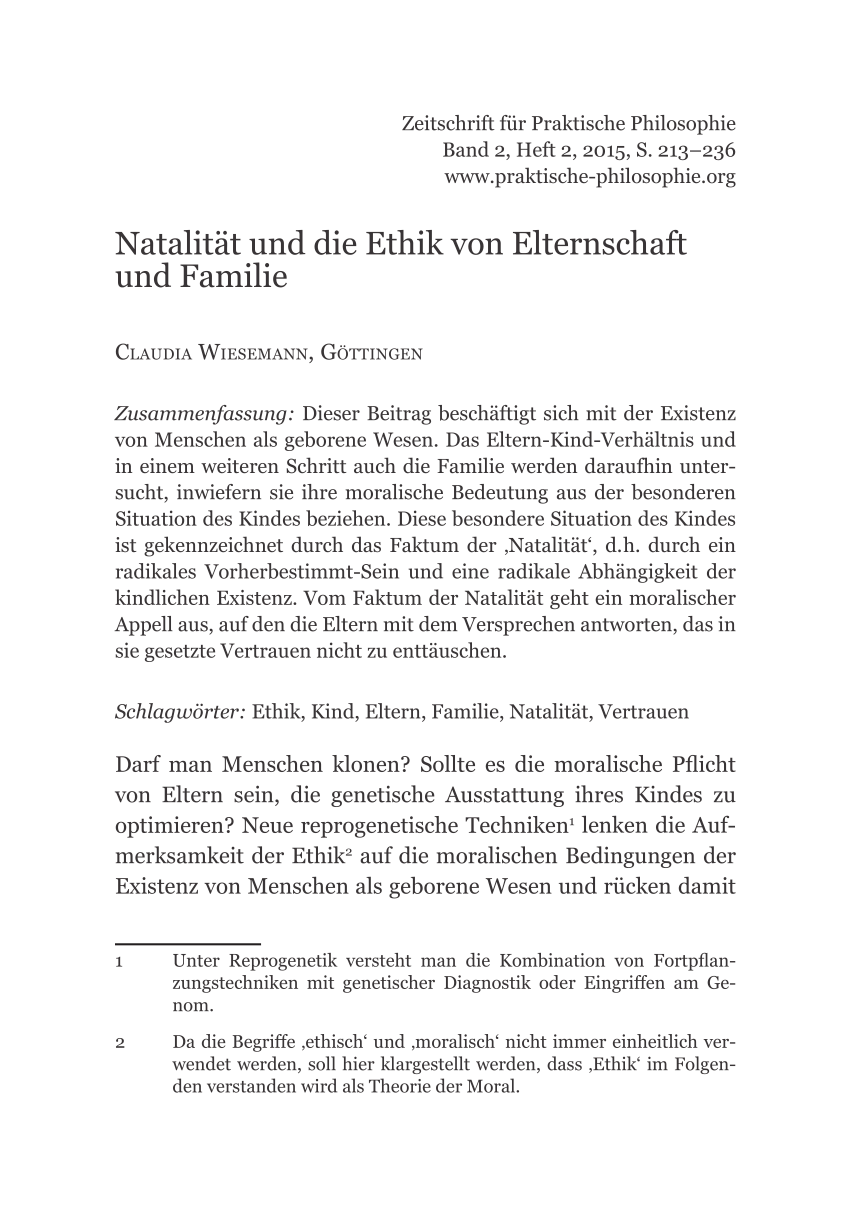 Pdf Natalitat Und Die Ethik Von Elternschaft Und Familie