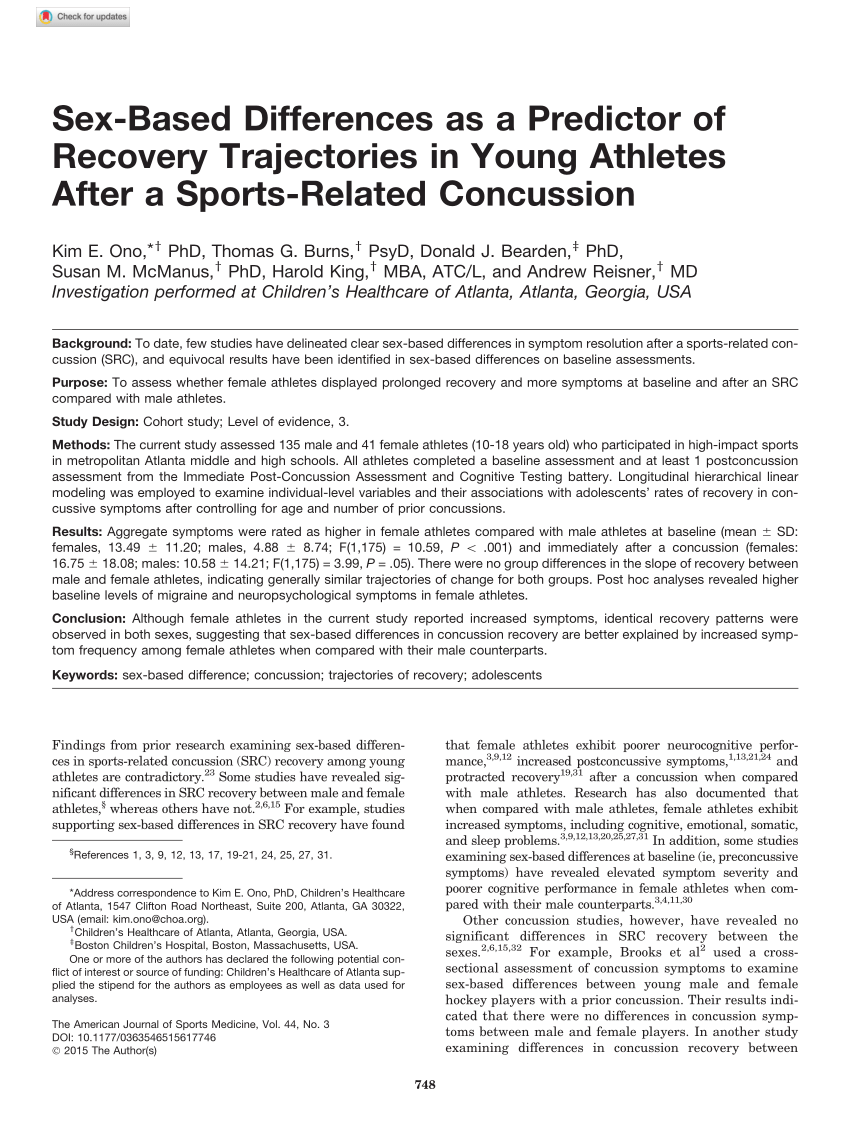 Pdf Sex Based Differences As A Predictor Of Recovery Trajectories In Young Athletes After A 