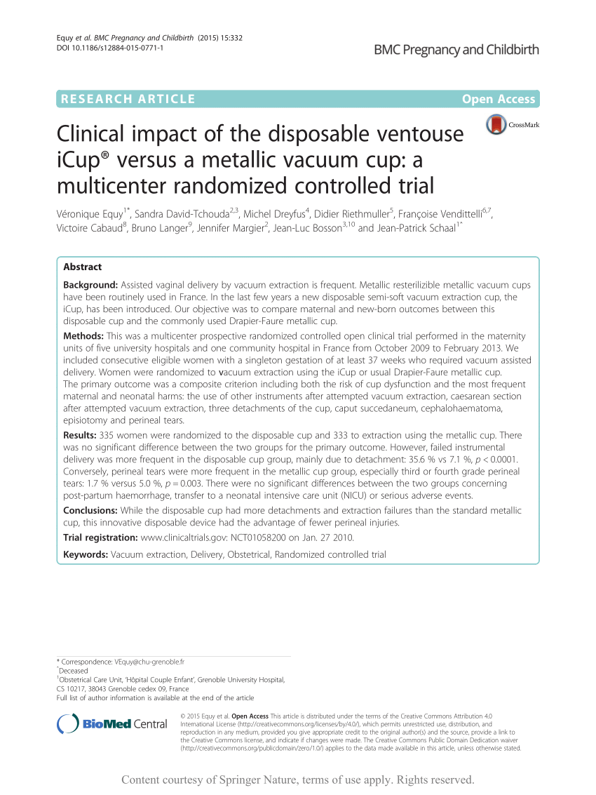 Pdf Clinical Impact Of The Disposable Ventouse Icup Versus A Metallic Vacuum Cup A Multicenter Randomized Controlled Trial