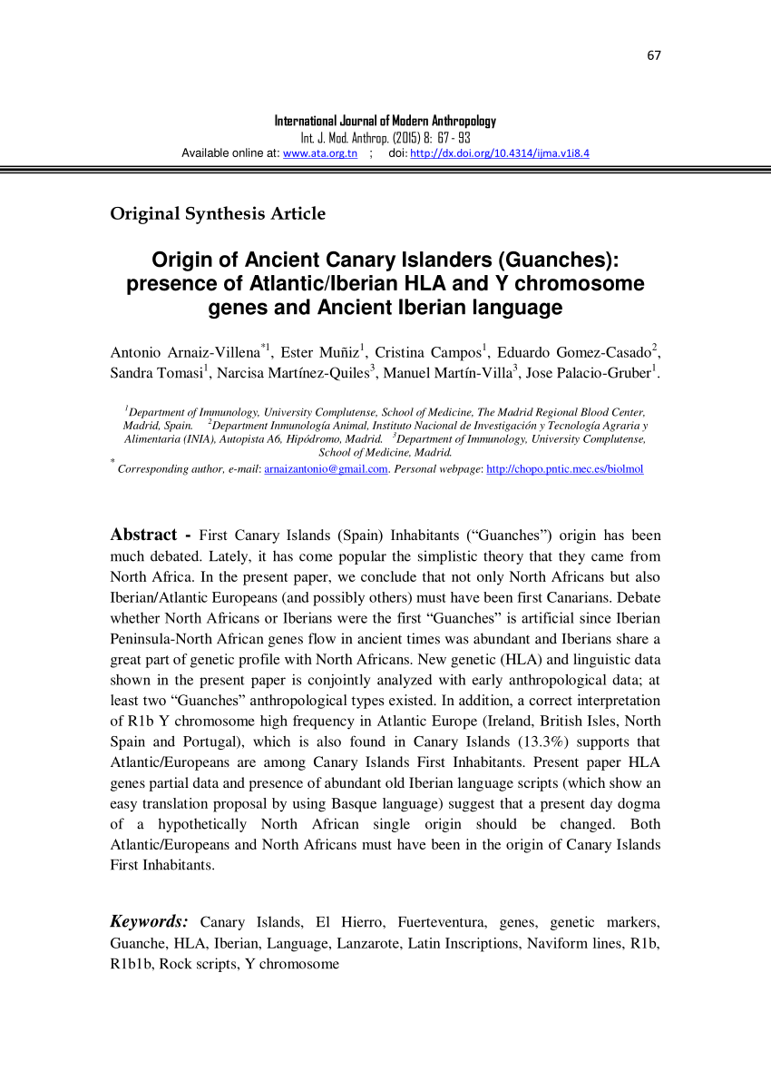 Pdf Origin Of Ancient Canary Islanders Guanches Presence Of Atlantic Iberian Hla And Y Chromosome Genes And Ancient Iberian Language