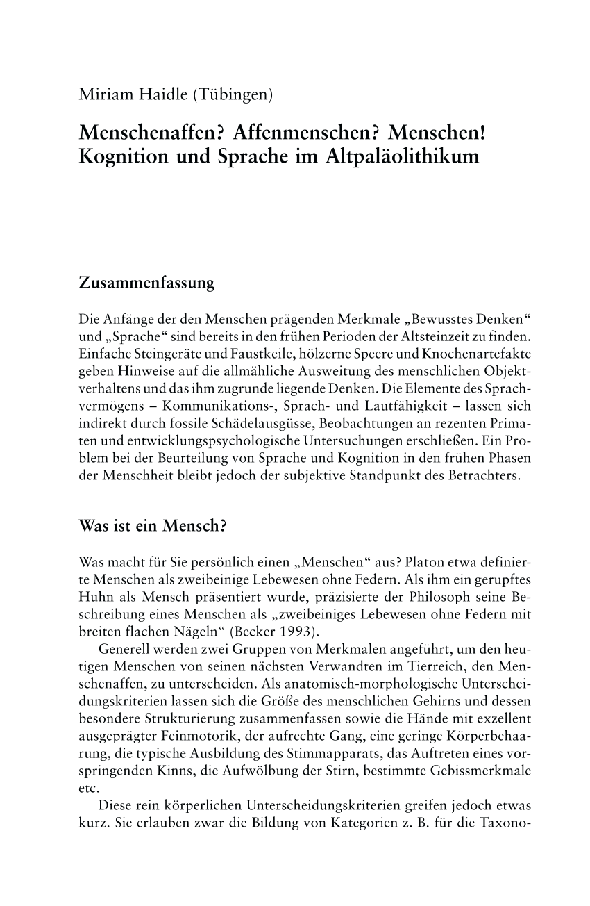 Pdf Menschenaffen Affenmenschen Menschen Kognition Und Sprache Im Altpalaolithikum