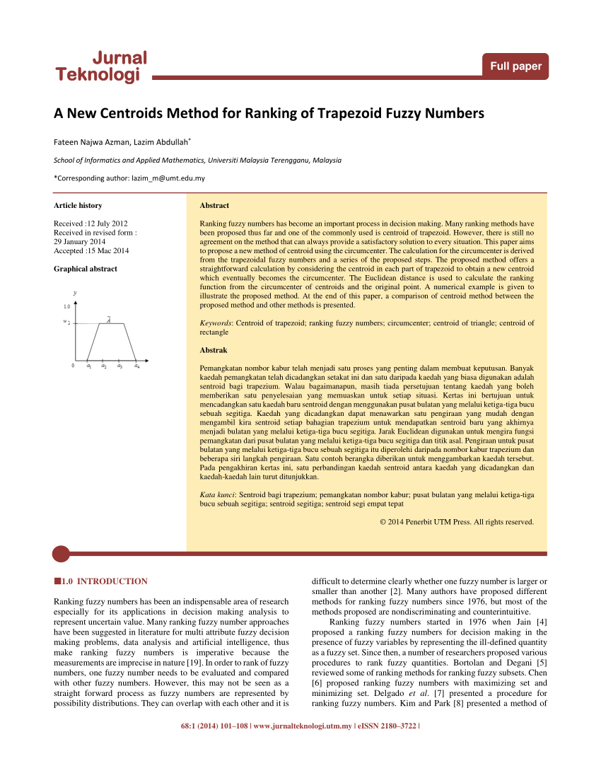 Pdf A New Centroids Method For Ranking Of Trapezoid Fuzzy Numbers