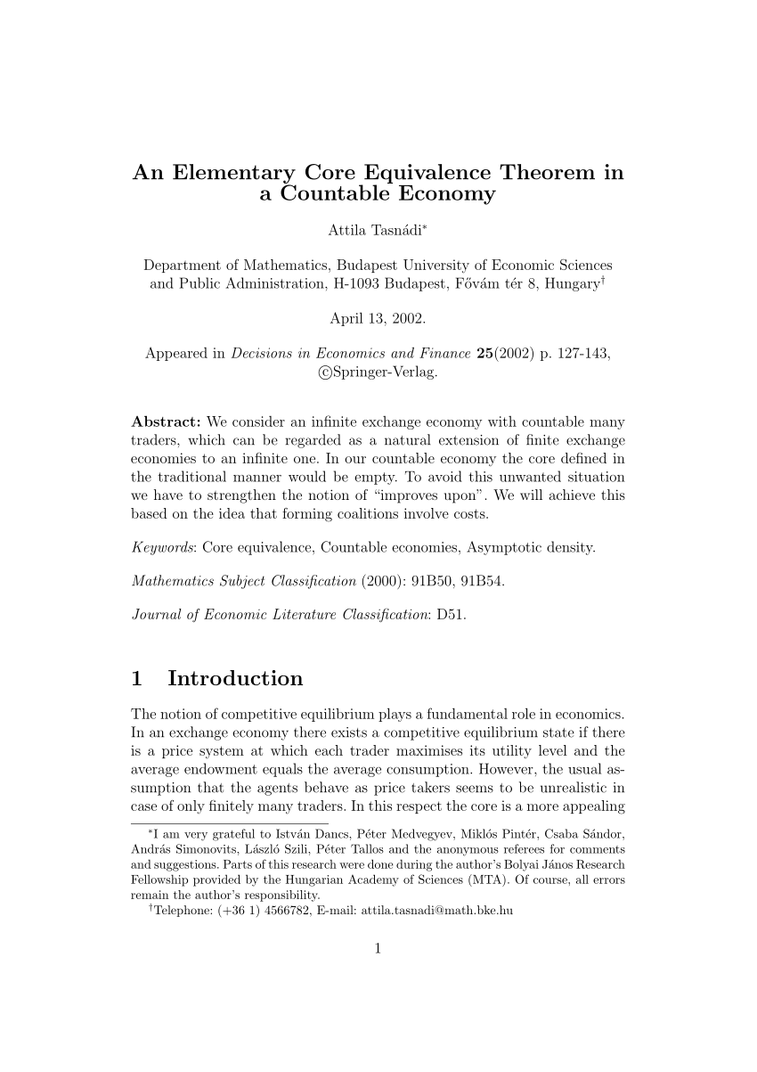 Pdf An Elementary Core Equivalence Theorem In A Countable Economy