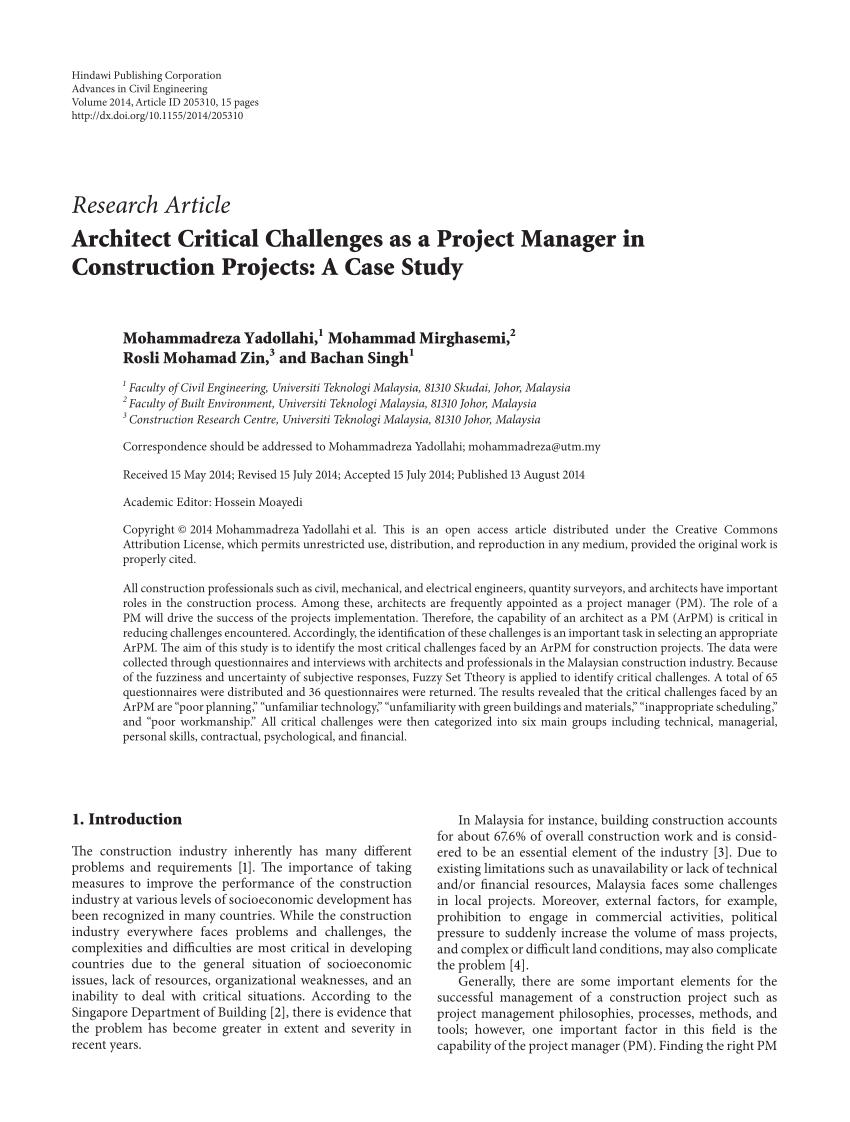 PDF) Architect Critical Challenges as a Project Manager in Construction  Projects: A Case Study