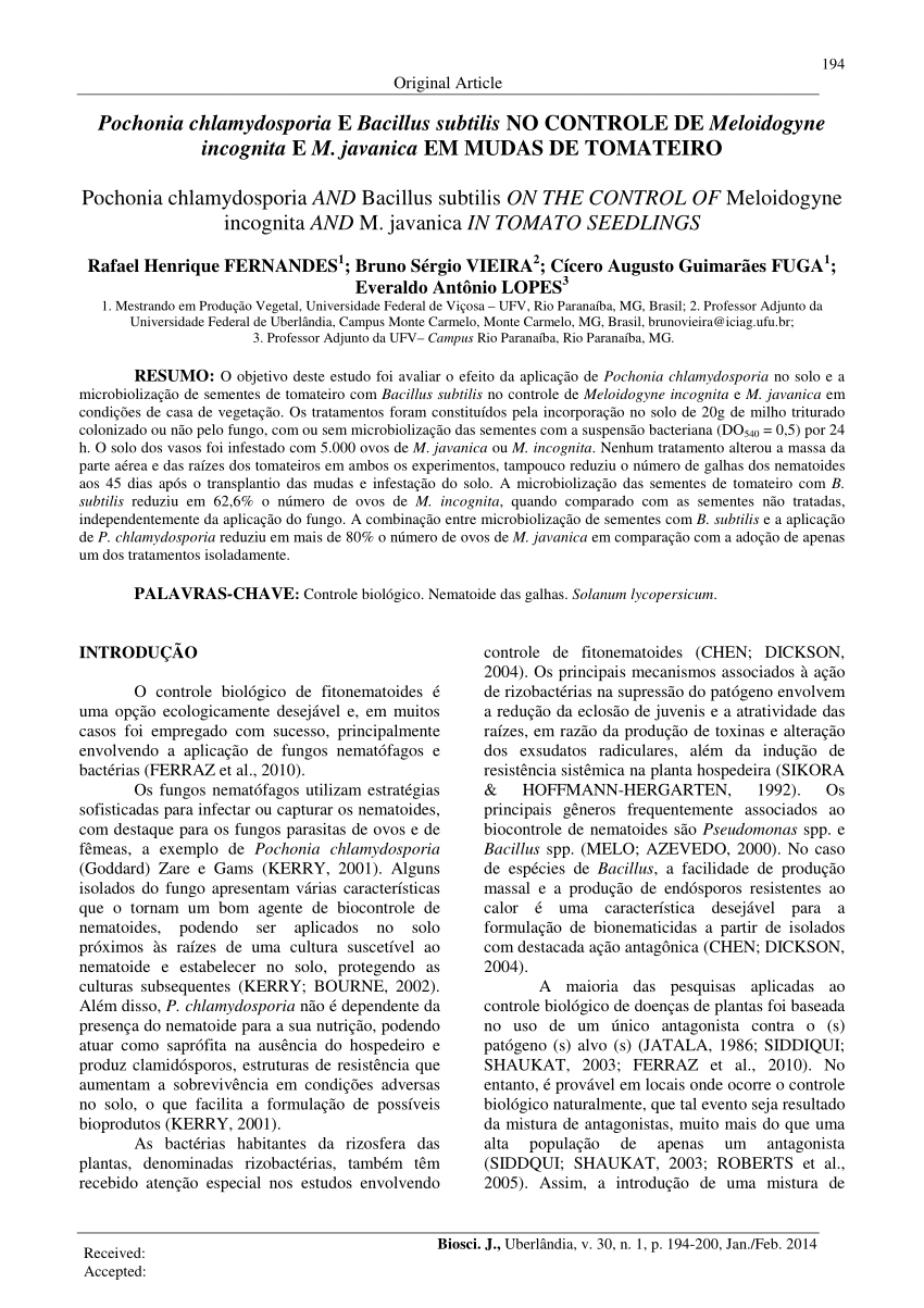 PDF) Pochonia chlamydosporia and Bacillus subtilis on the control 