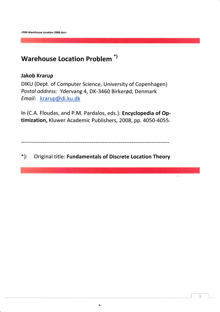 Pdf Warehouse Location Problem