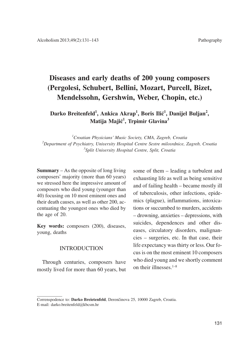 Pdf Diseases And Early Deaths Of 200 Young Composers Pergolesi Schubert Bellini Mozart Purcell Bizet Mendelssohn Gershwin Weber Chopin Etc