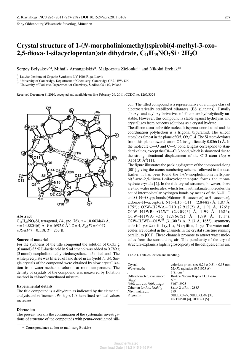 Pdf Crystal Structure Of 1 N Morpholiniomethyl Spirobi 4 Methyl 3 Oxo 2 5 Dioxa 1 Silacyclopentan Ate Dihydrate C11h19no7si 2h2o