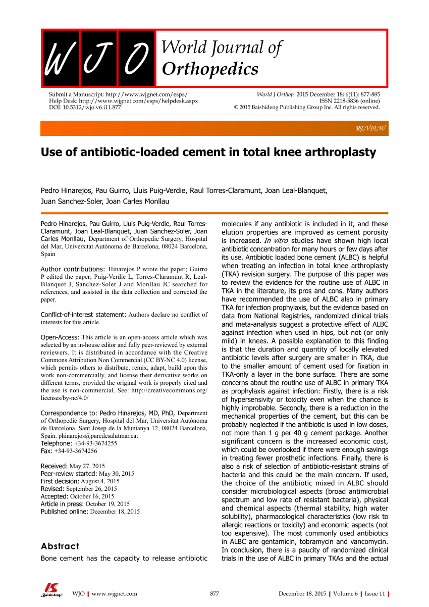 Pdf Use Of Antibiotic Loaded Cement In Total Knee Arthroplasty