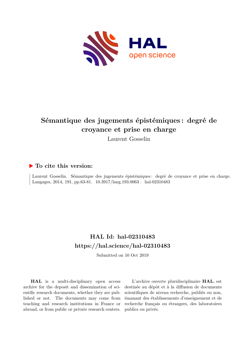 (PDF) Sémantique des jugements épistémiques : degré de croyance et ...