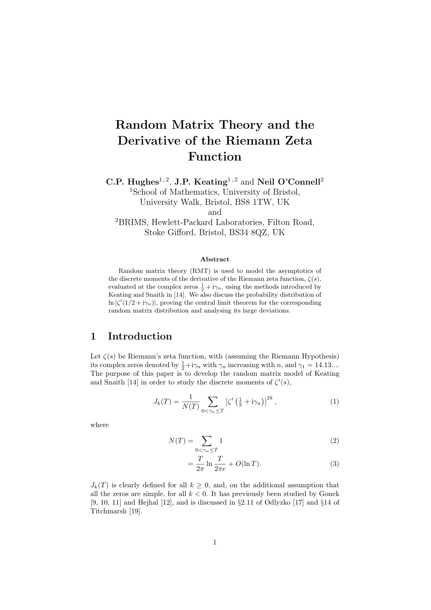 Pdf Random Matrix Theory And The Derivative Of The Riemann Zeta Function