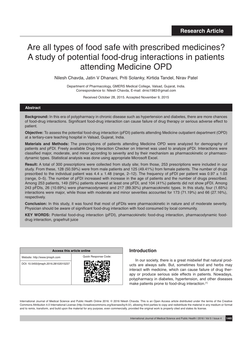 Pdf Are All Types Of Food Safe With Prescribed Medicines A Study Of Potential Food Drug Interactions In Patients Attending Medicine Opd