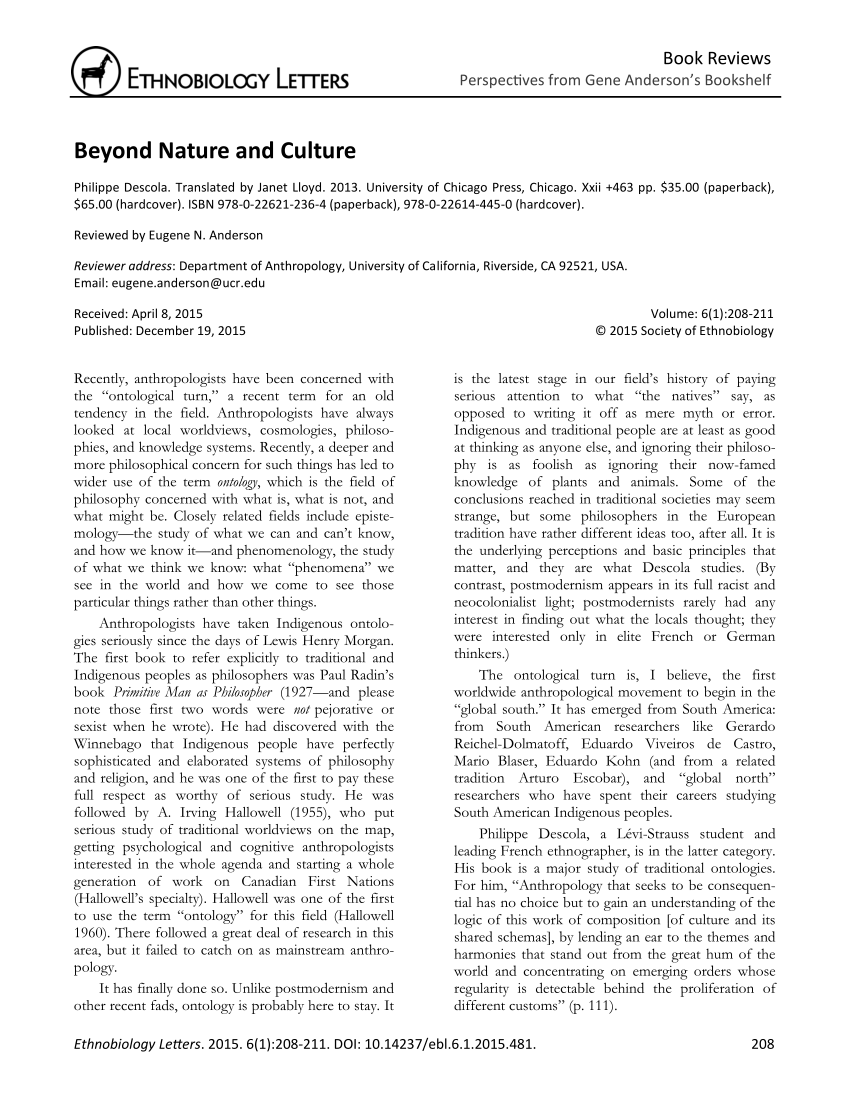 Giftig hellige kompensation PDF) Beyond Nature and Culture. By Philippe Descola. Translated by Janet  Lloyd. 2013. University of Chicago Press, Chicago. Xxii +463 pp. $35.00  (paperback), $65.00 (hardcover). ISBN 978-0-22621-236-4 (paperback),  978-0-22614-445-0 (hardcover).