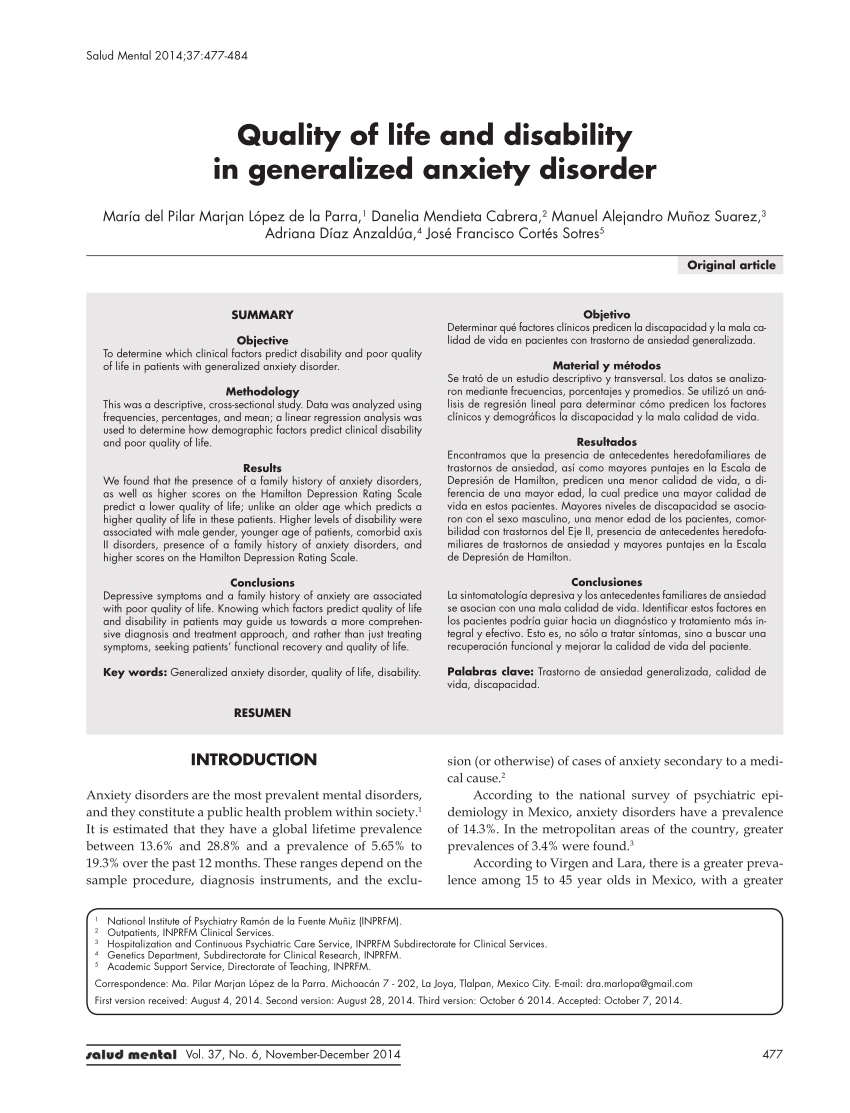 Pdf Quality Of Life And Disability In Generalized Anxiety Disorder