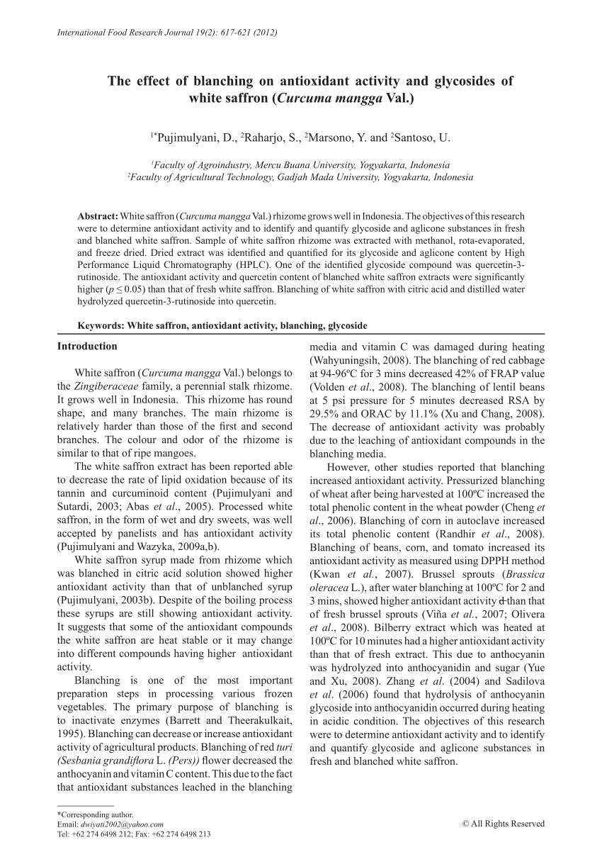 PDF) The effect of blanching on antioxidant activity and glycosides of  white saffron (Curcuma mangga Val.)