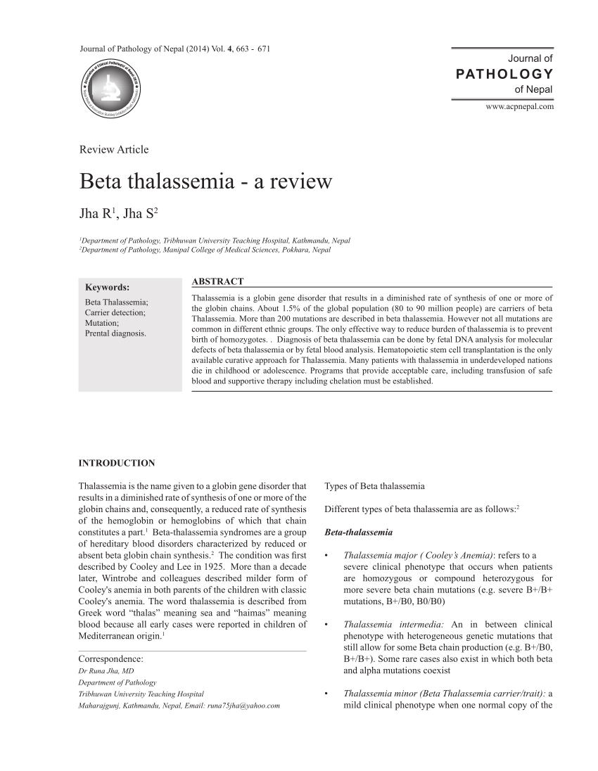 Pdf Beta Thalassemia A Review