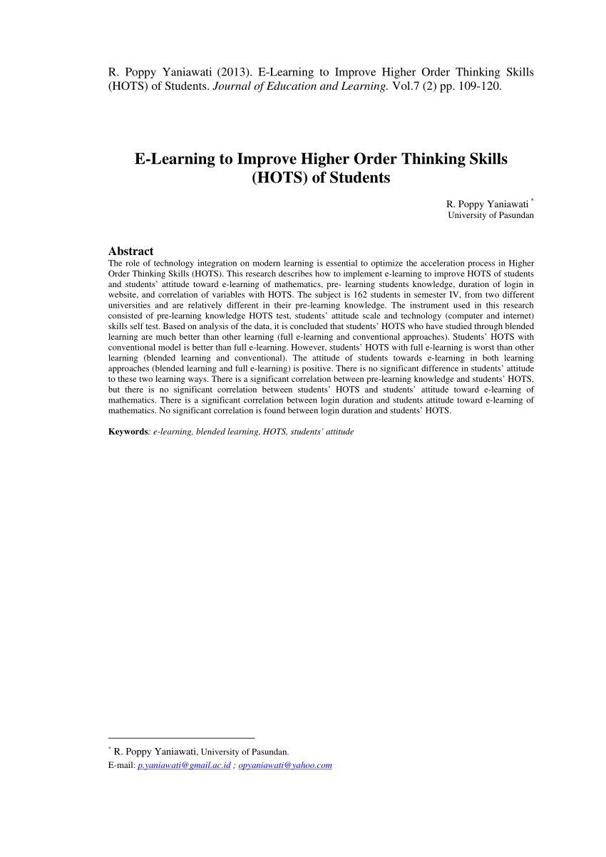 Pdf E Learning To Improve Higher Order Thinking Skills Hots Of