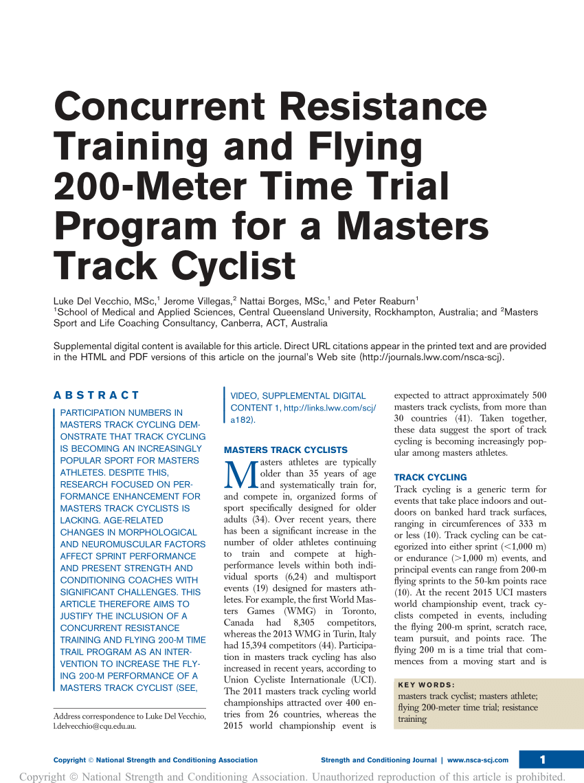 Pdf Concurrent Resistance Training And Flying 200 Meter Time Trial Program For A Masters Track Cyclist