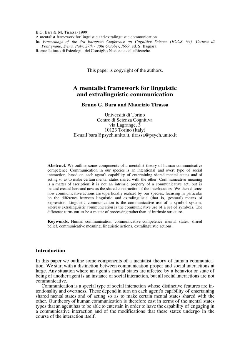 Pdf A Mentalist Framework For Linguistic And Extralinguistic Communication