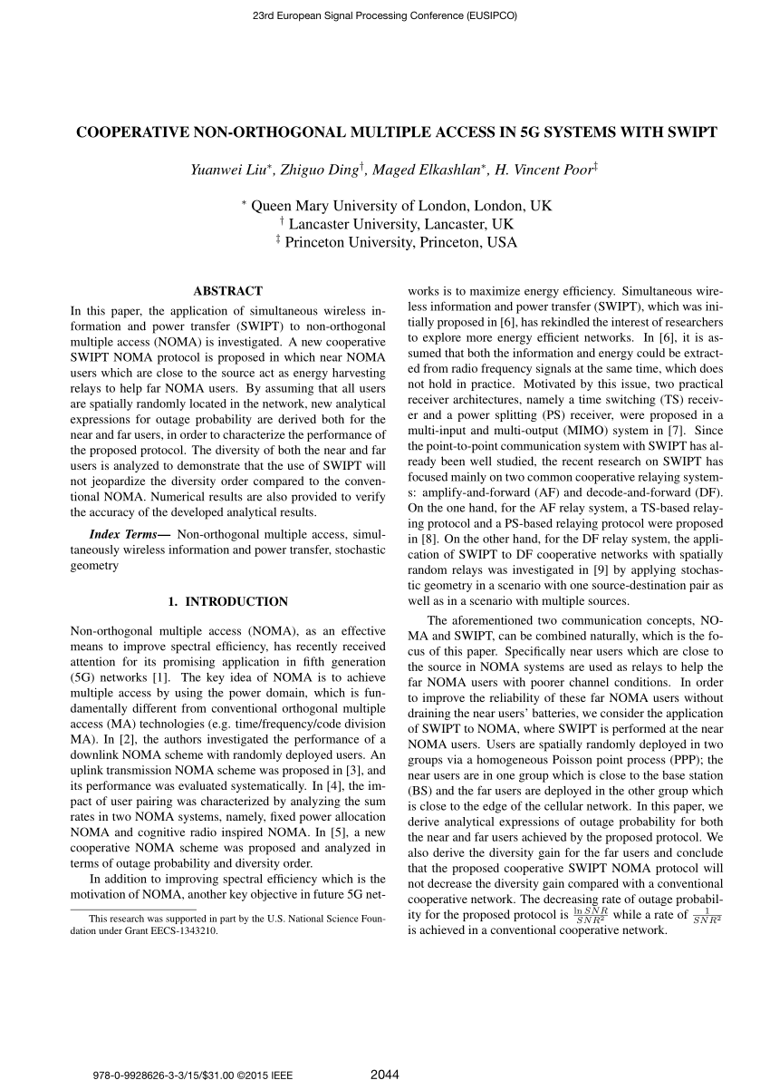 (PDF) Cooperative non-orthogonal multiple access in 5G systems with SWIPT