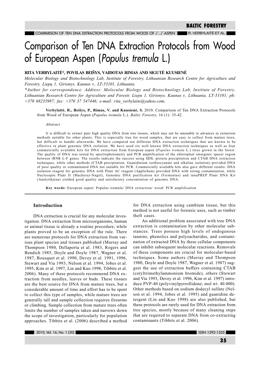 Pdf Comparison Of Ten Dna Extraction Protocols From Wood Of European Aspen Populus Tremula L