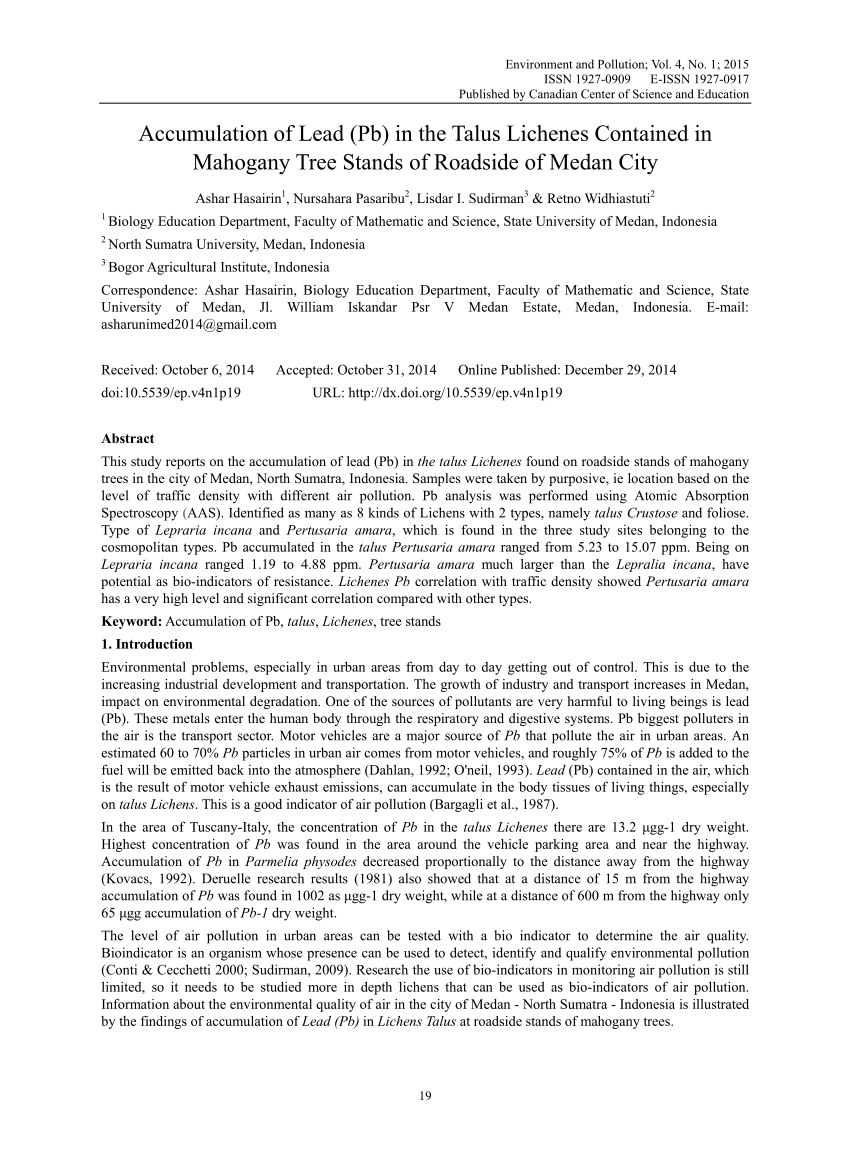 Pdf Accumulation Of Lead Pb In The Talus Lichenes Contained In Mahogany Tree Stands Of Roadside Of Medan City