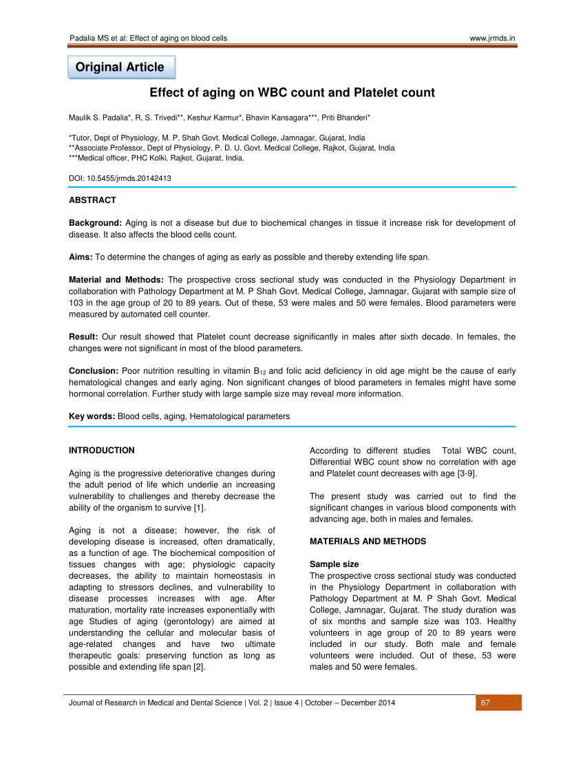 Pdf Effect Of Aging On Wbc Count And Platelet Count