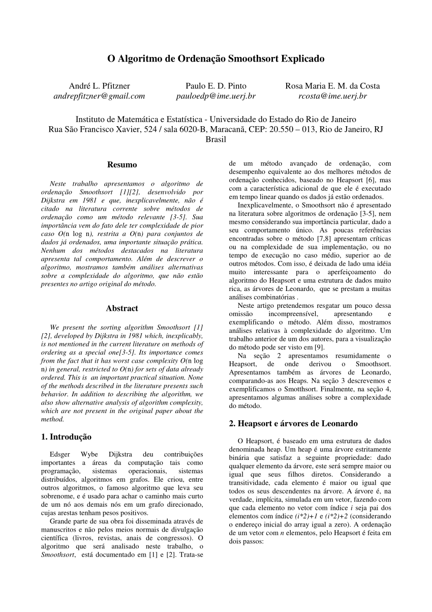 PDF) Uma Comparacao de Algoritmos de Ordenacao baseados em