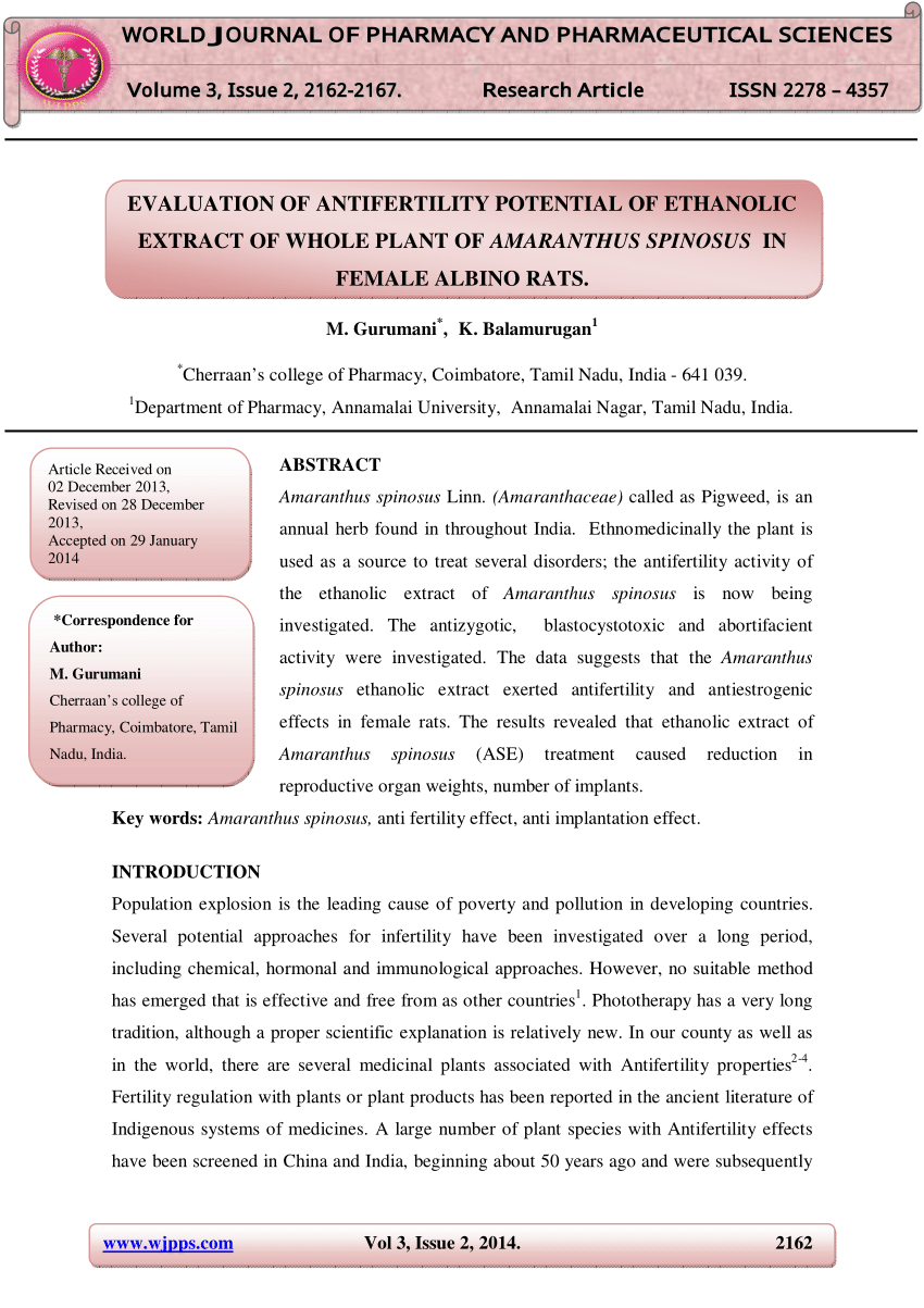 Pdf Evaluation Of Antifertility Potential Of Ethanolic Extract Of