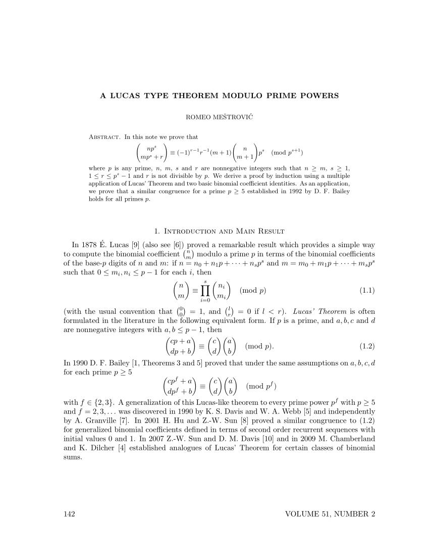 Pdf Lucas Type Theorem Modulo Prime Powers